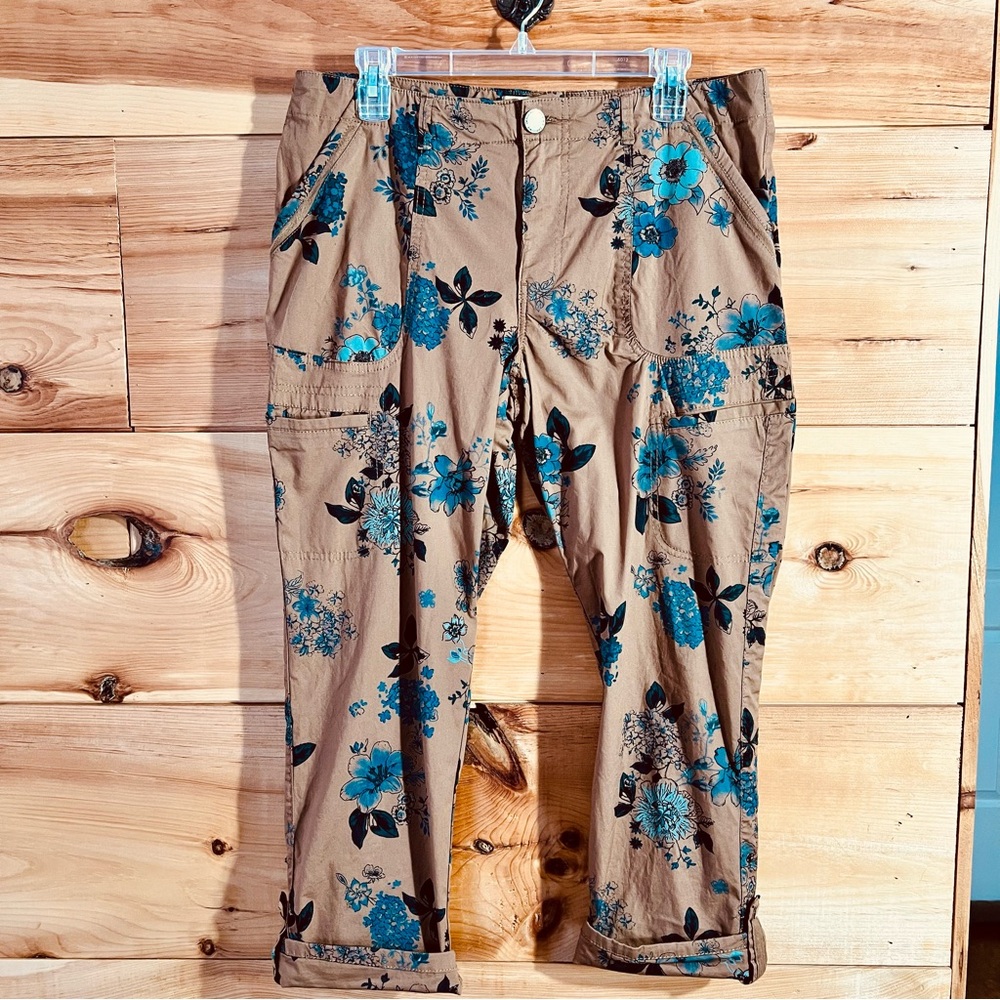 Democracy Lt Brown/Teal Floral Cropped Cuffed Cargo Pants Floral Boho Botanical